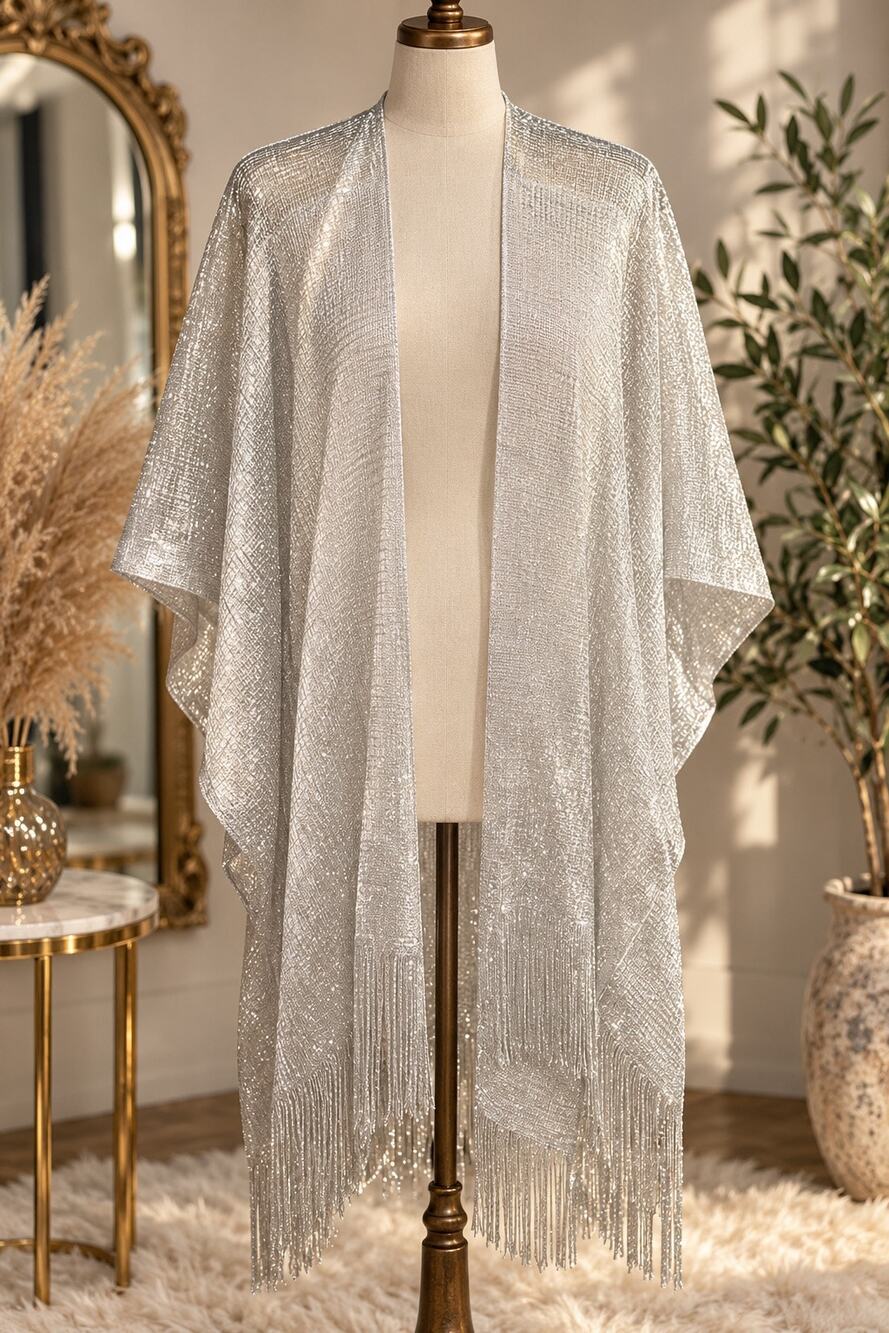 White fringe kimono with silver threads